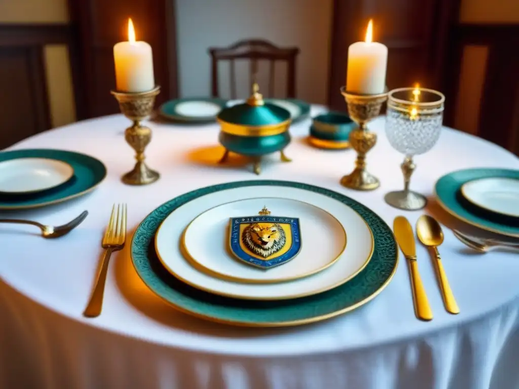 Vajilla con escudo de armas en una mesa vintage elegantemente decorada con detalles regios