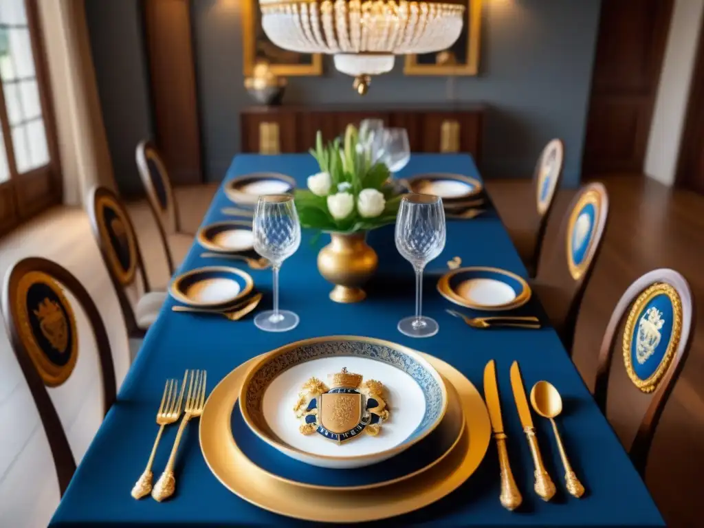 Una vajilla con escudo de armas personalizado en una elegante sala de comedor