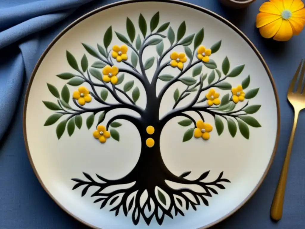 Una vajilla personalizada con historia familiar: un plato cerámico vintage pintado a mano con un árbol genealógico detallado y florido