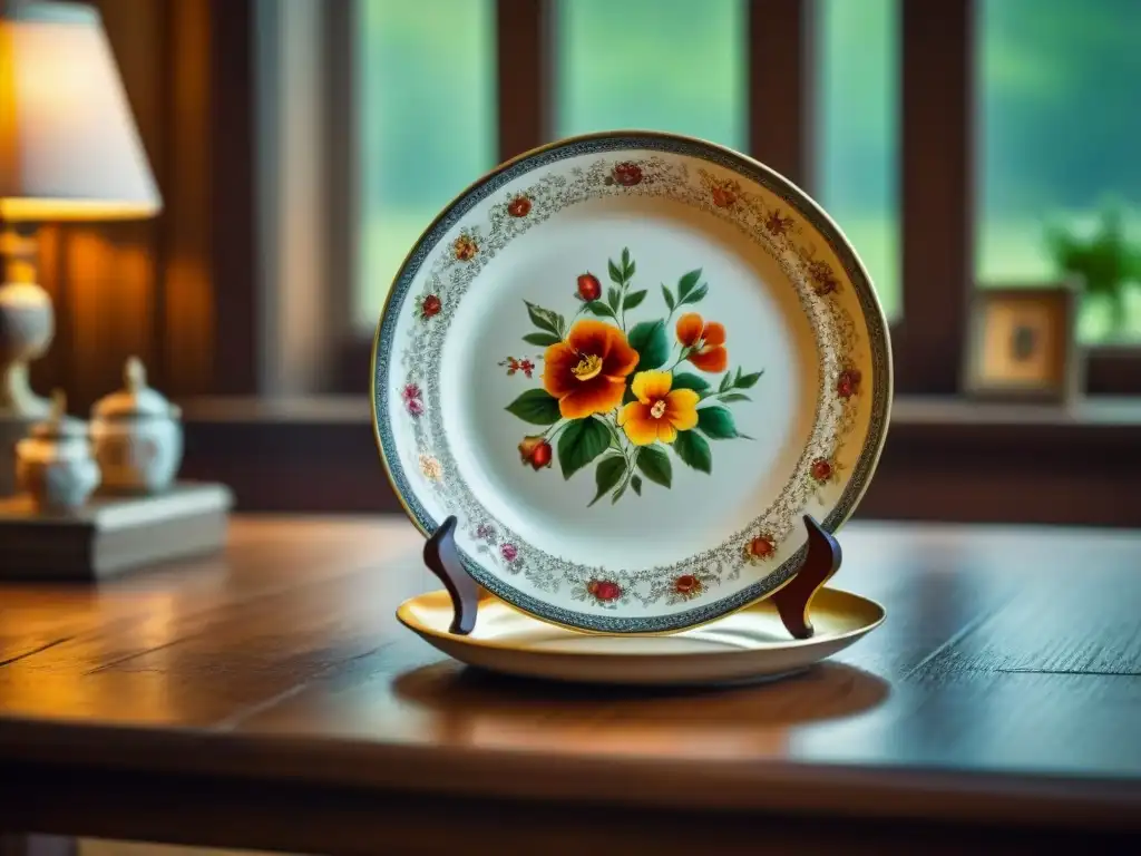 Una vajilla personalizada con historia familiar, exhibiendo un antiguo plato de cerámica pintado a mano en una mesa de madera rústica