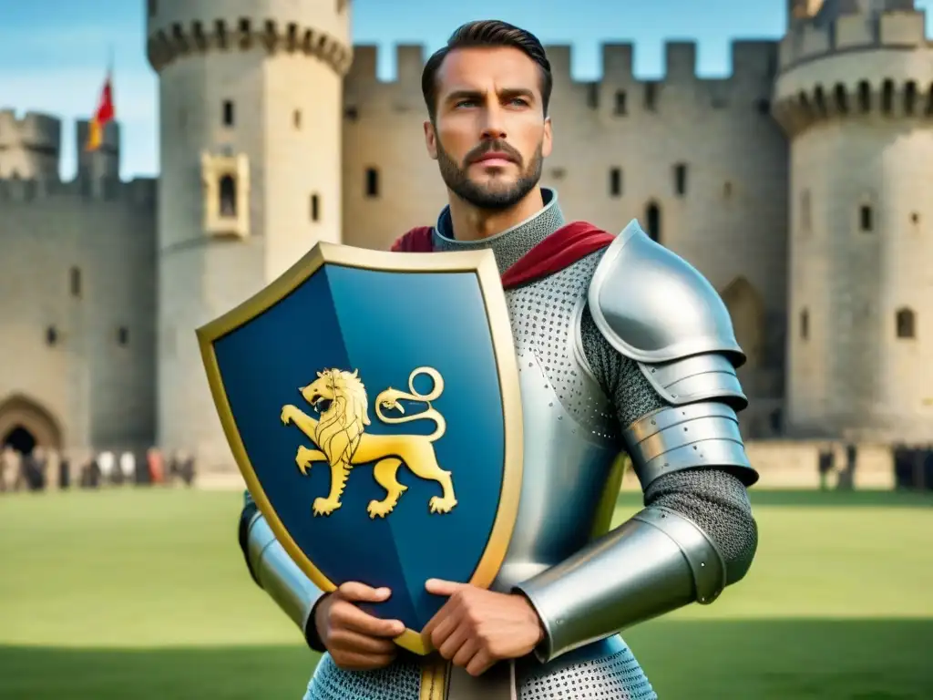 Un valiente caballero medieval con armadura y escudo de armas, frente a un majestuoso castillo