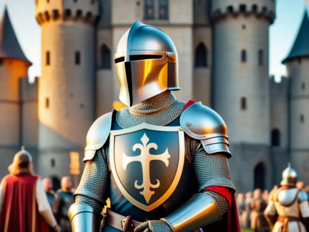 Un valiente caballero medieval con armadura y escudo de apellidos antiguos frente a un castillo en un atardecer dorado