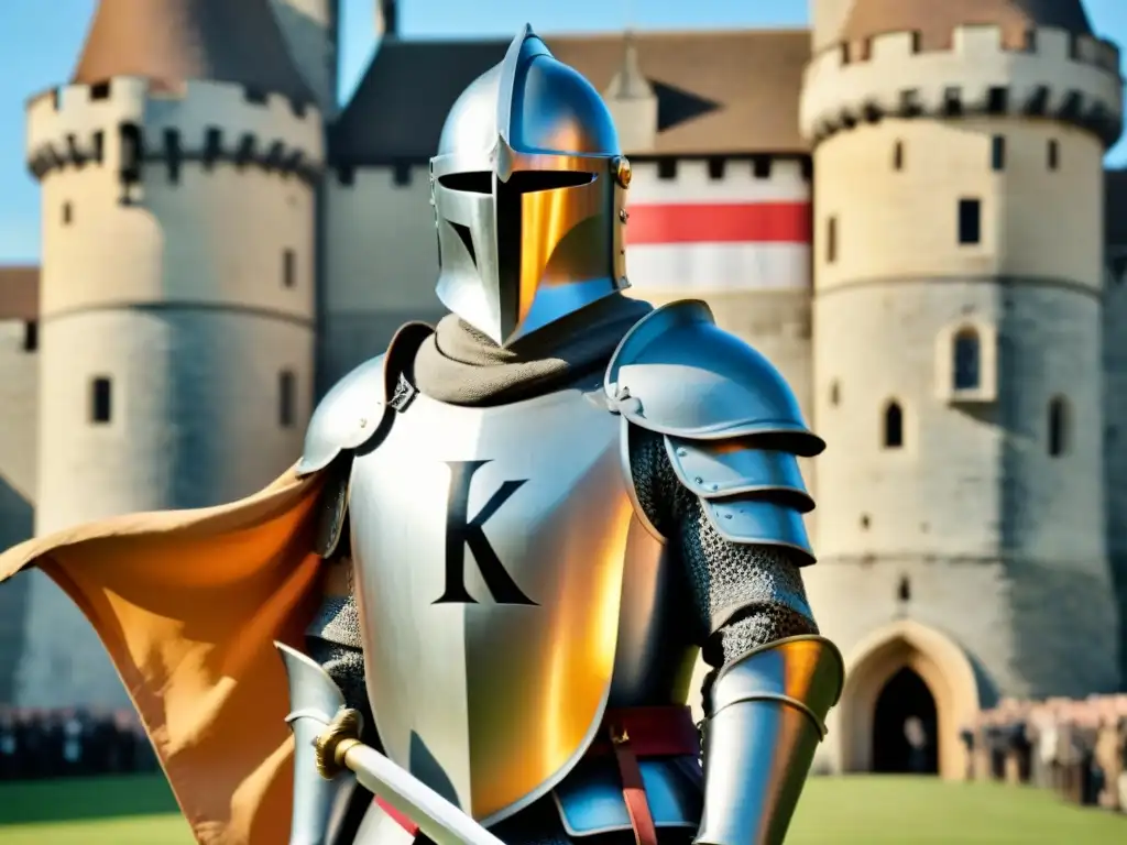 Un valiente caballero medieval con armadura y espada, frente a un majestuoso castillo