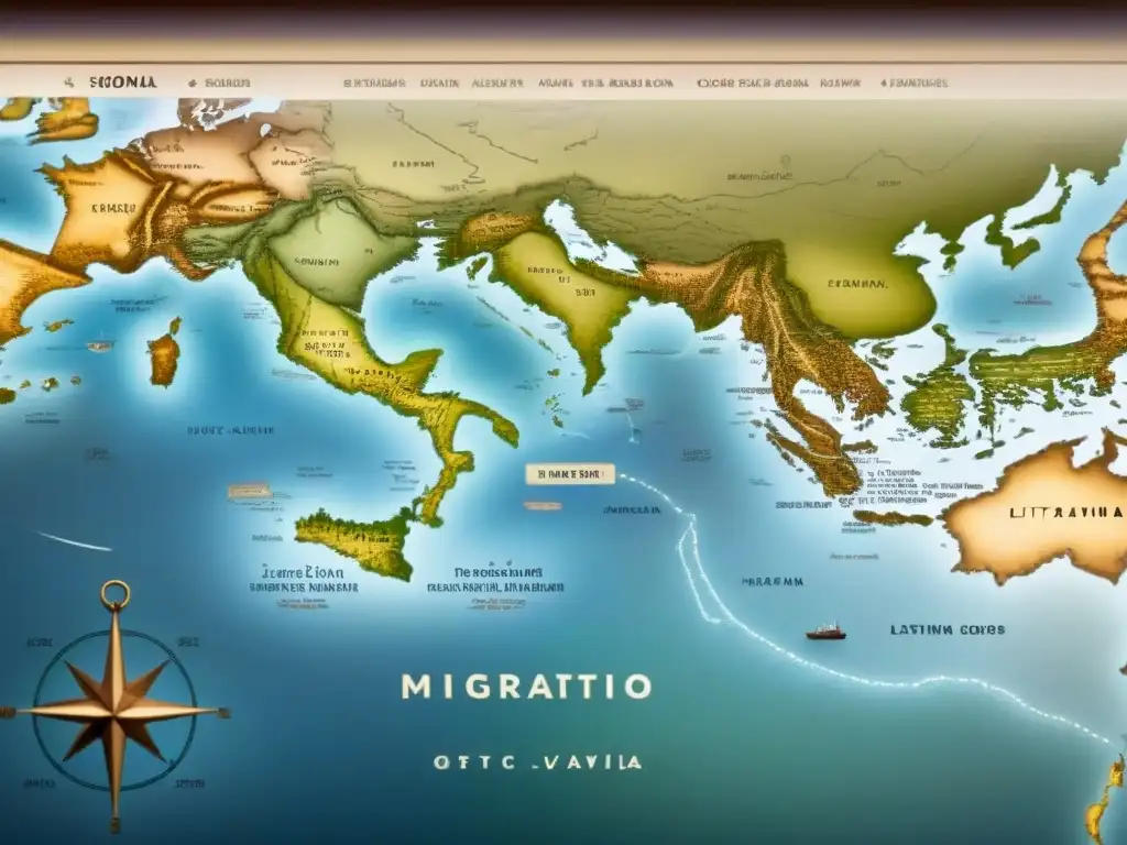 Viaje histórico de apellidos bálticos a América en un detallado mapa vintage con tonos sepia