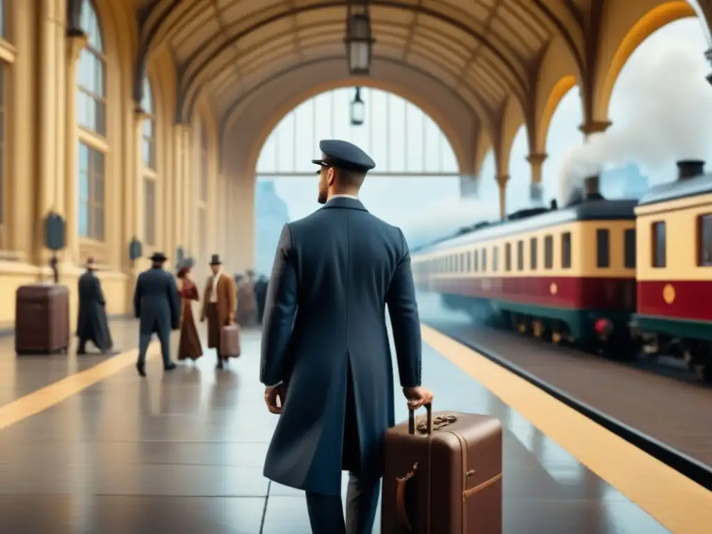 Un viajero sofisticado en una estación de tren, viste traje elegante con accesorios personalizados con escudos de armas