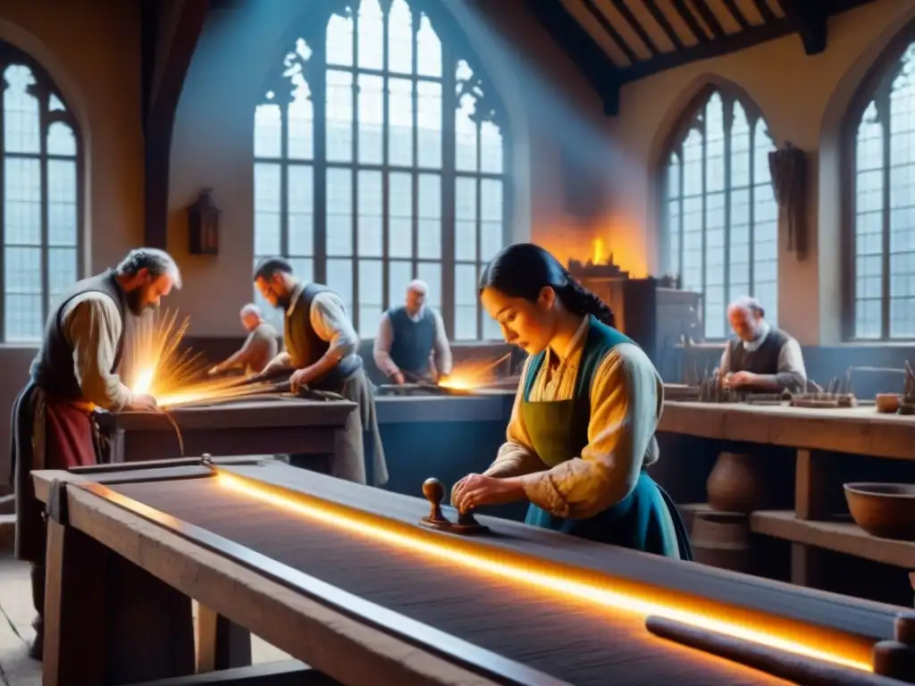 Vibrante ilustración vintage de un bullicioso gremio medieval