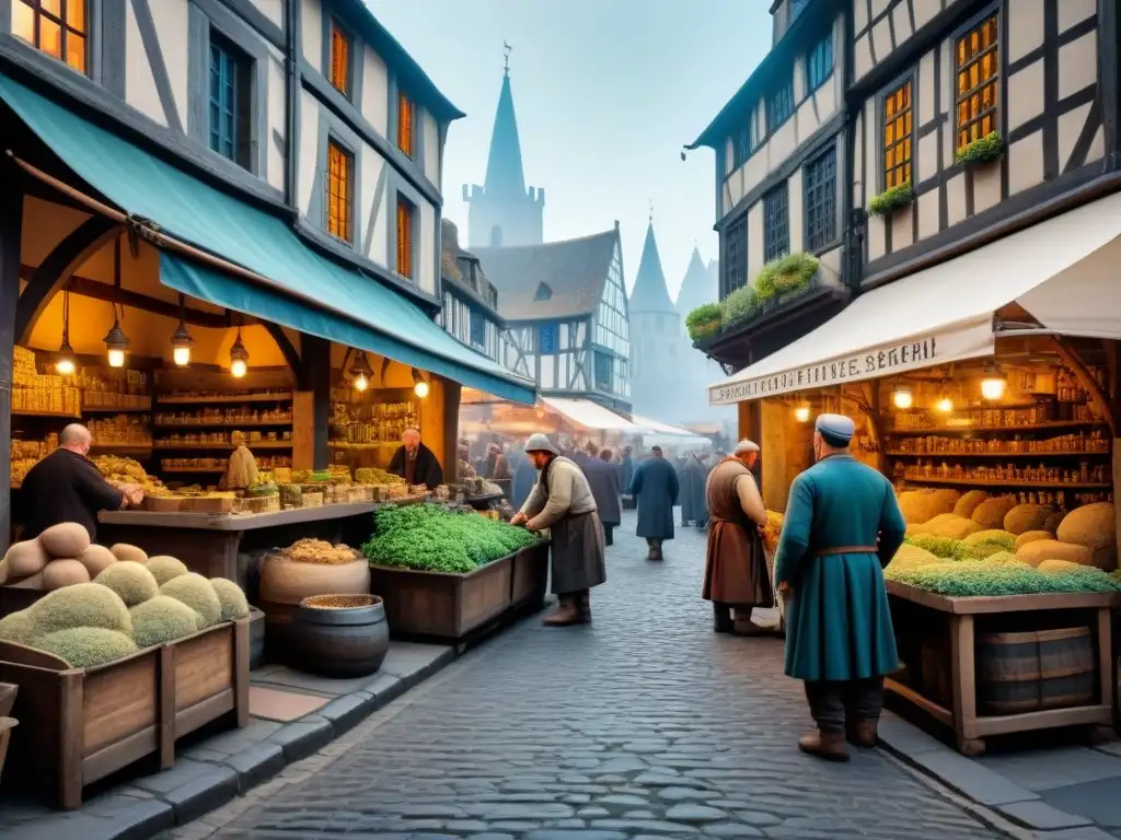 Vibrante ilustración de un bullicioso mercado medieval, reflejando la influencia de los oficios antiguos