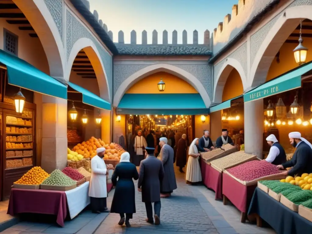 Una vibrante ilustración vintage de un bullicioso mercado medieval Sefardí, con vendedores de textiles coloridos, especias y frutas exóticas