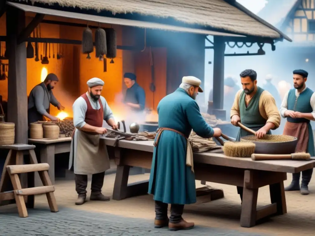 Vibrante ilustración vintage de un bullicioso mercado medieval, con artesanos trabajando en oficios variados