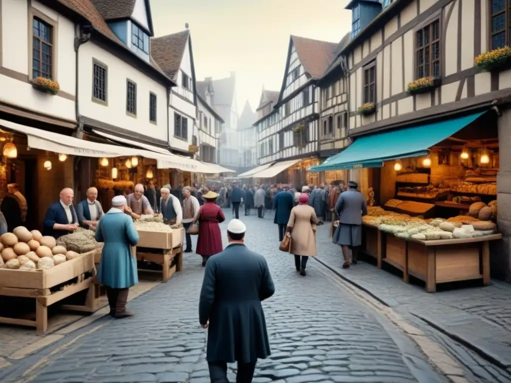 Vibrante ilustración de un bullicioso mercado medieval, reflejando la diversidad de apellidos y oficios