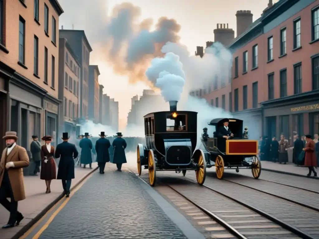 Vibrante calle del siglo XIX durante la Revolución Industrial, mostrando movilidad social y apellidos