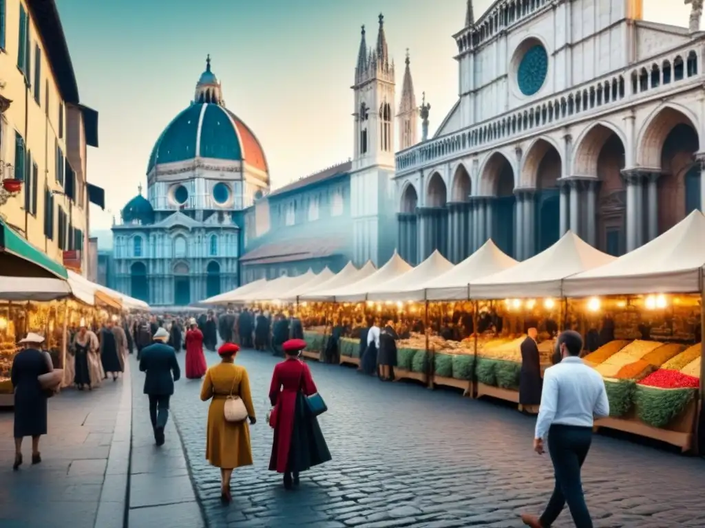 Vibrante ciudad renacentista italiana con arquitectura detallada y gente vestida de la época