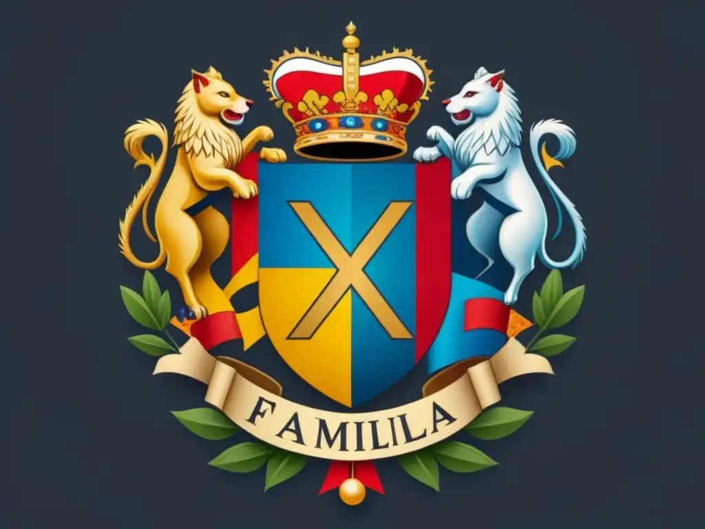 Una ilustración vibrante y detallada de escudos de familia, conectados por líneas intrincadas, representando conexiones culturales