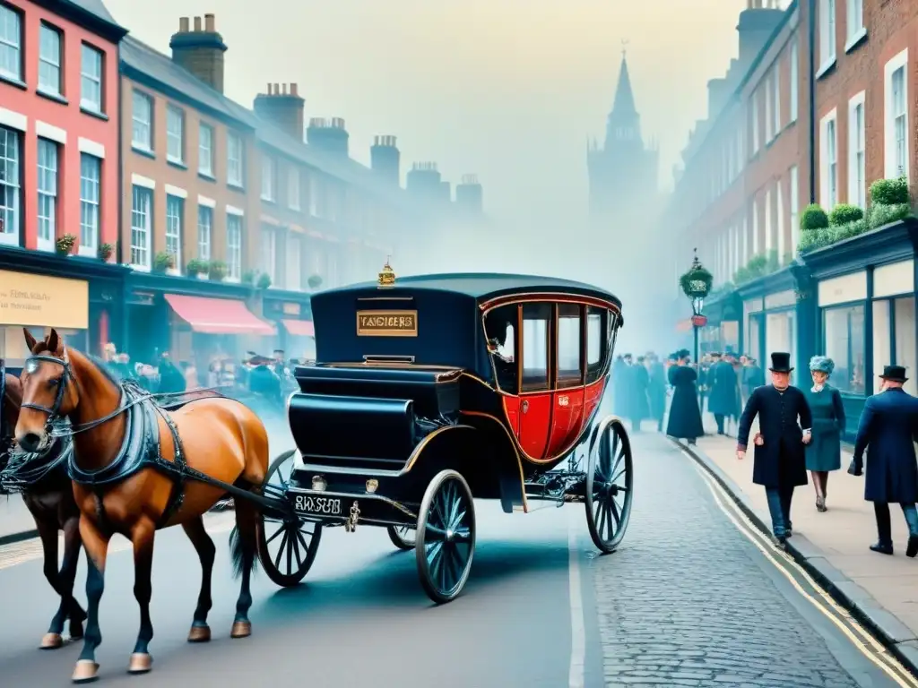 Vibrante escena callejera victoriana con carruajes y detallada arquitectura, reflejo de registros históricos británicos