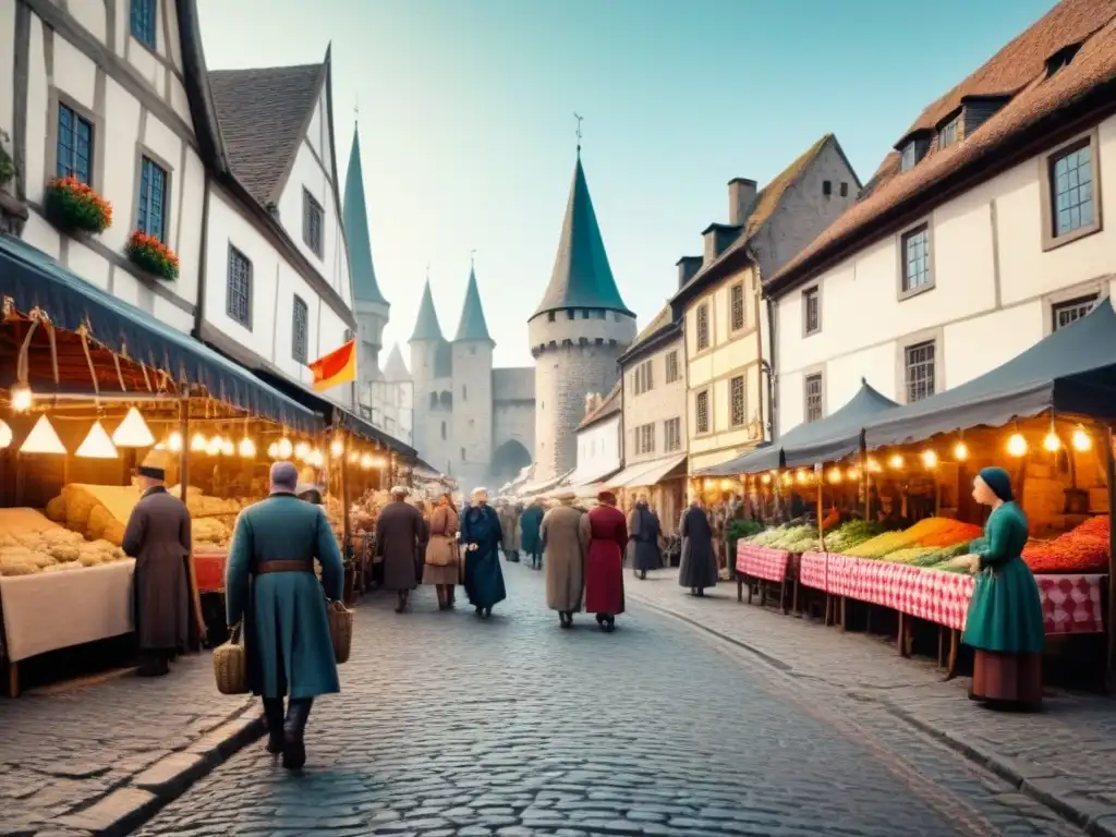 Vibrante escena de una ciudad medieval con calles empedradas, edificios de piedra y personas vestidas de la época