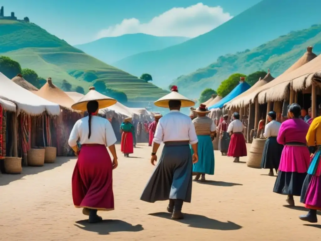 Una vibrante escena en sepia de un mercado en un pueblo Mixteco, con personas en trajes tradicionales realizando actividades culturales, rodeados de artesanías y paisajes naturales