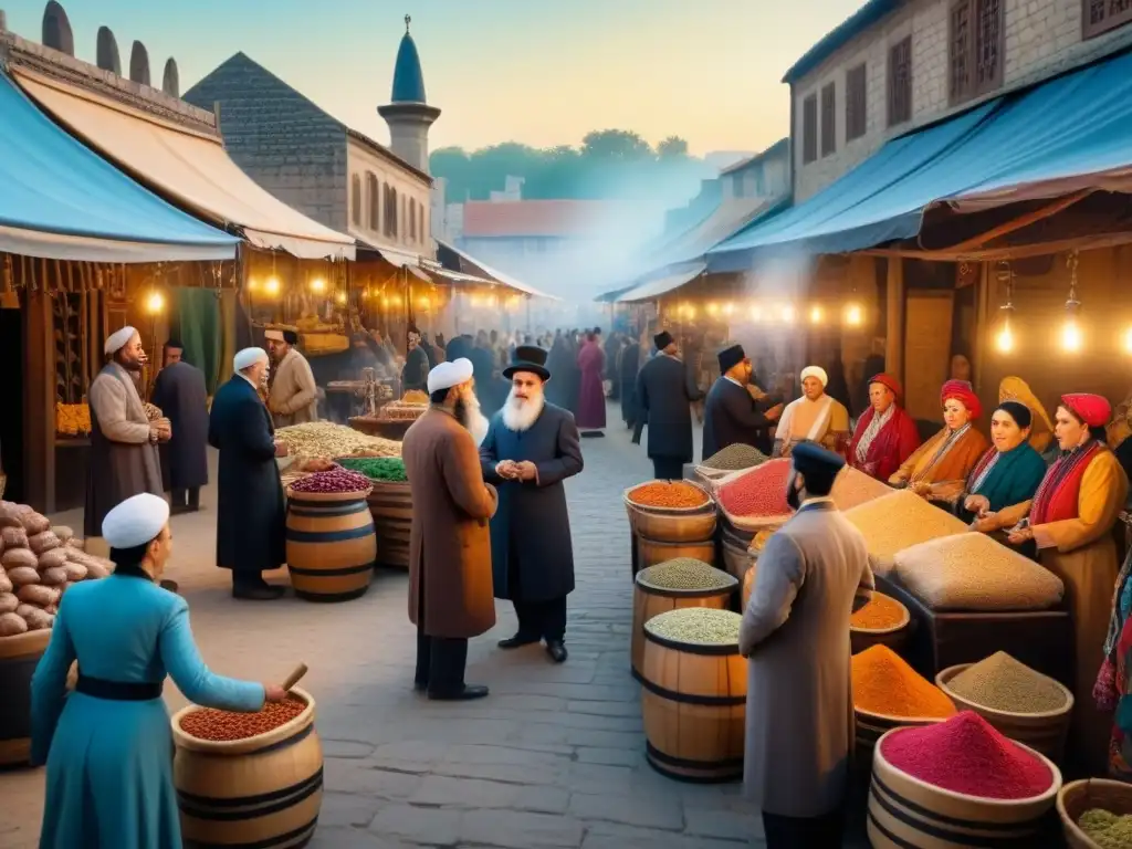 Vibrante escena de mercado en pueblo judío ashkenazí, rica historia y comunidad