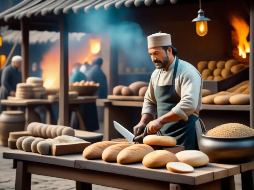Vibrante escena de mercado del siglo XIX con artesanos en sus oficios