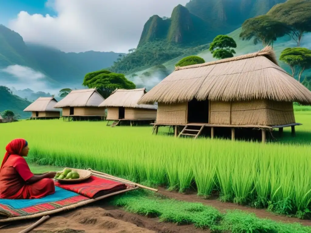 Vibrante escena de un pueblo tradicional de Timor Oriental, con casas de paja, montañas neblinosas y actividades diarias