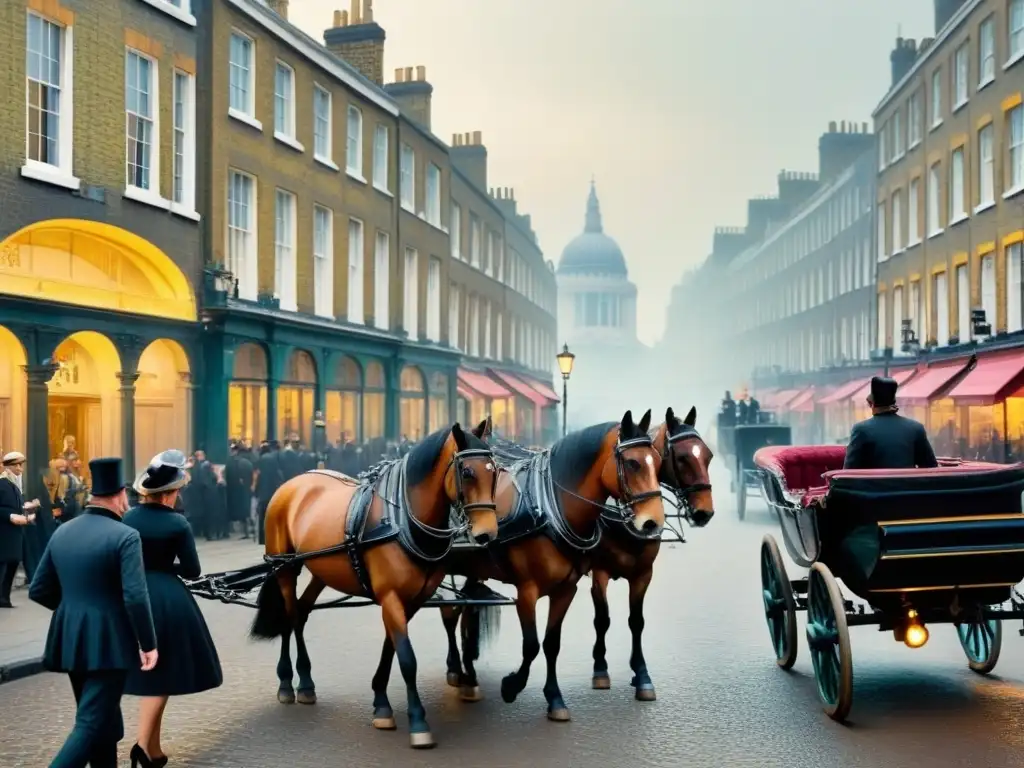 Vibrante escena victoriana en Londres con carruajes, faroles de gas y personas vestidas de la época