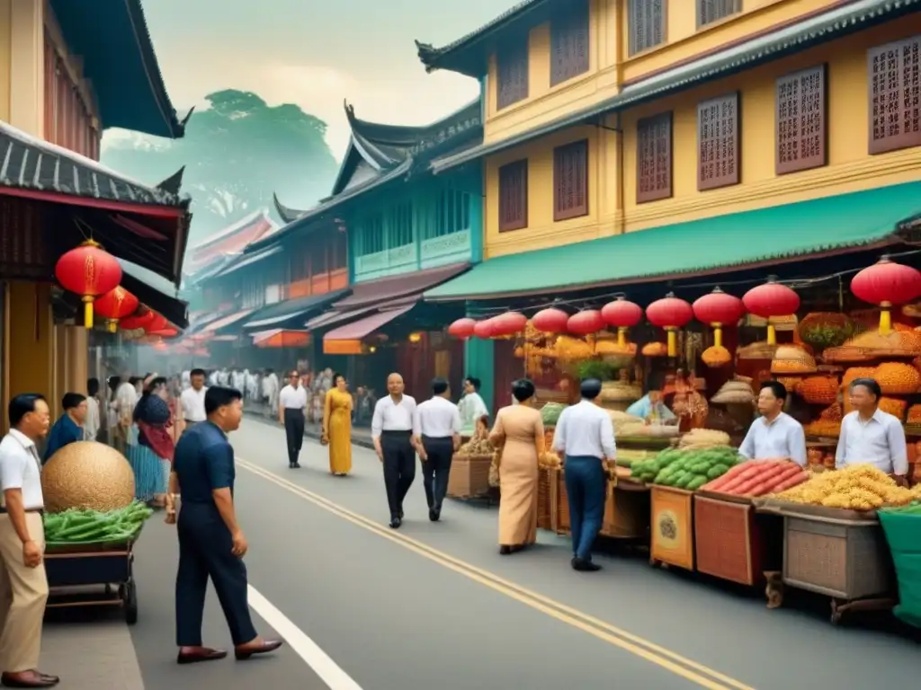 Un vibrante escenario callejero en Singapur, reflejando la historia y la rica diversidad cultural de la ciudad