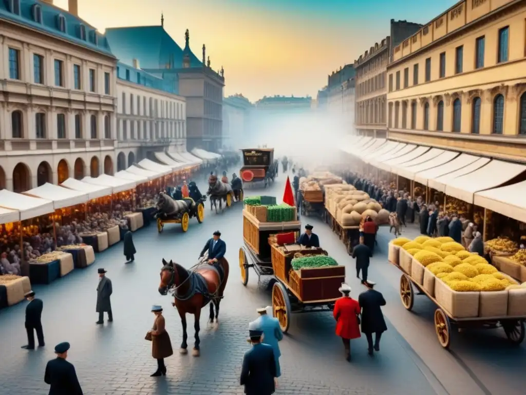 Un vibrante escenario histórico de comercio e industria en una plaza de la ciudad