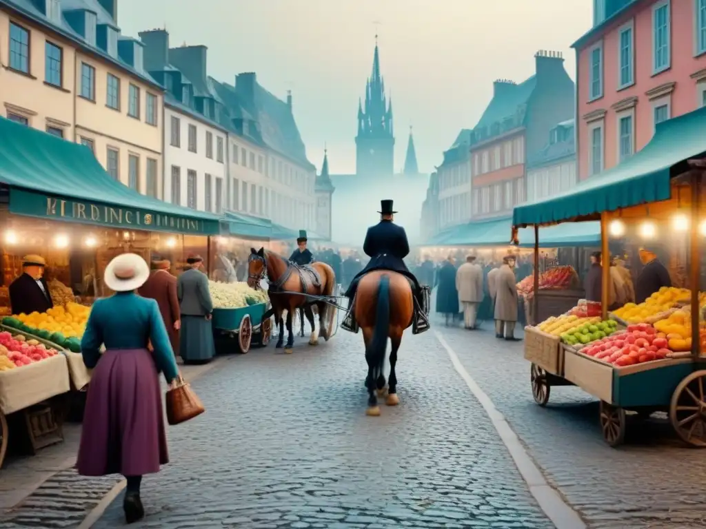 Vibrante ilustración histórica de un bullicioso mercado europeo del siglo XIX, mostrando el impacto de eventos históricos en genealogía