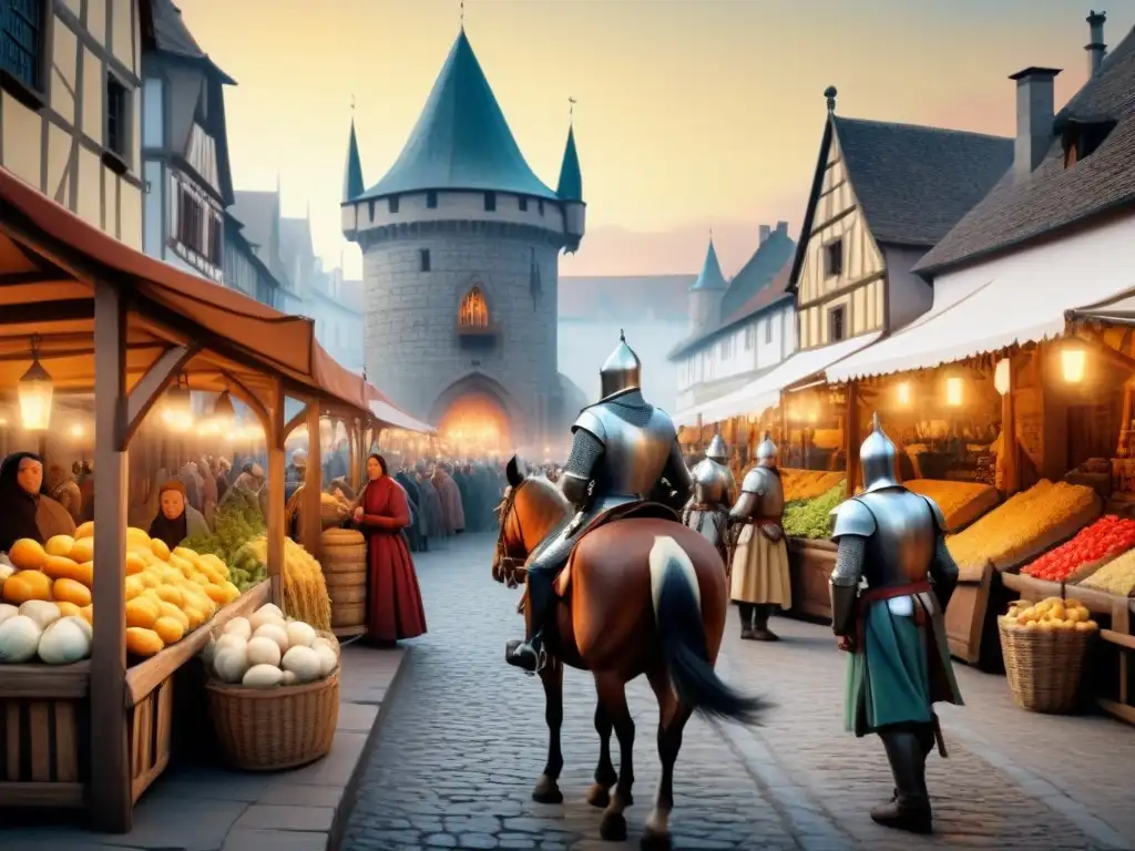 Vibrante ilustración medieval de un bullicioso mercado con comerciantes, campesinos y caballeros