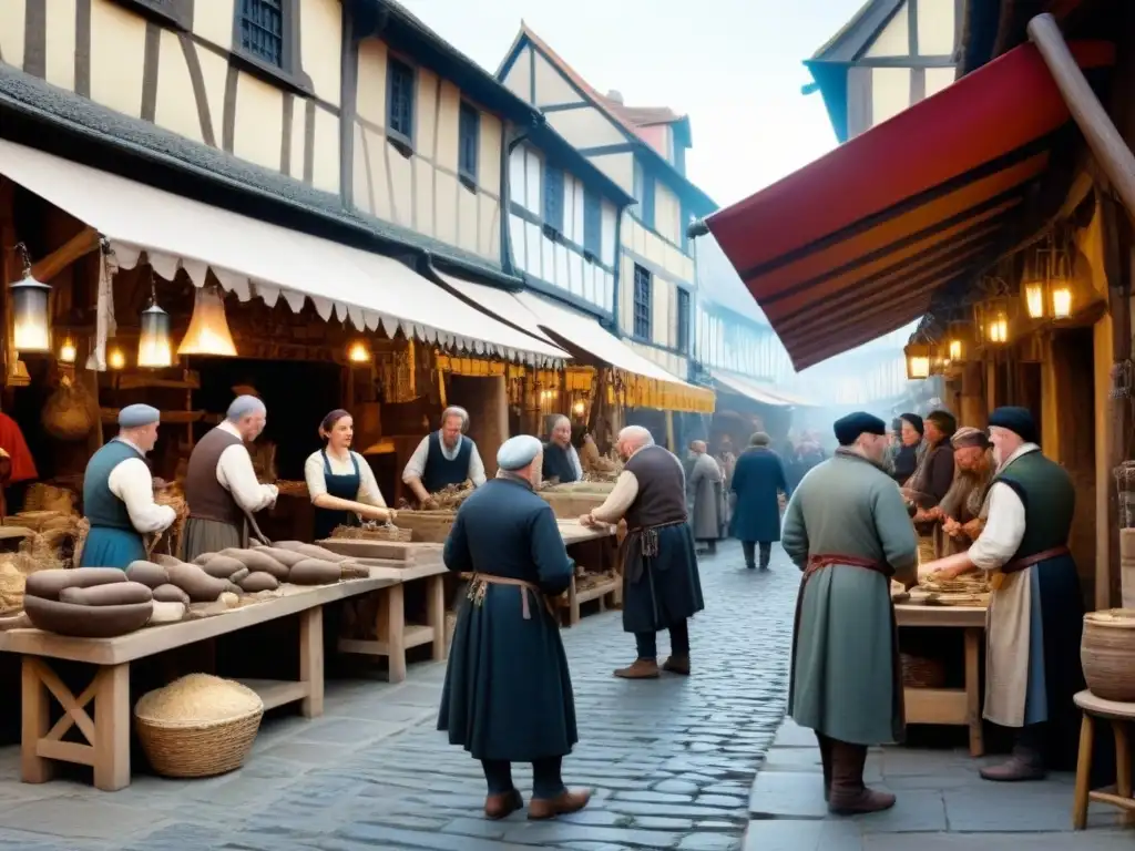 Vibrante ilustración medieval de un bullicioso mercado artesanal con gremios y oficios ancestrales