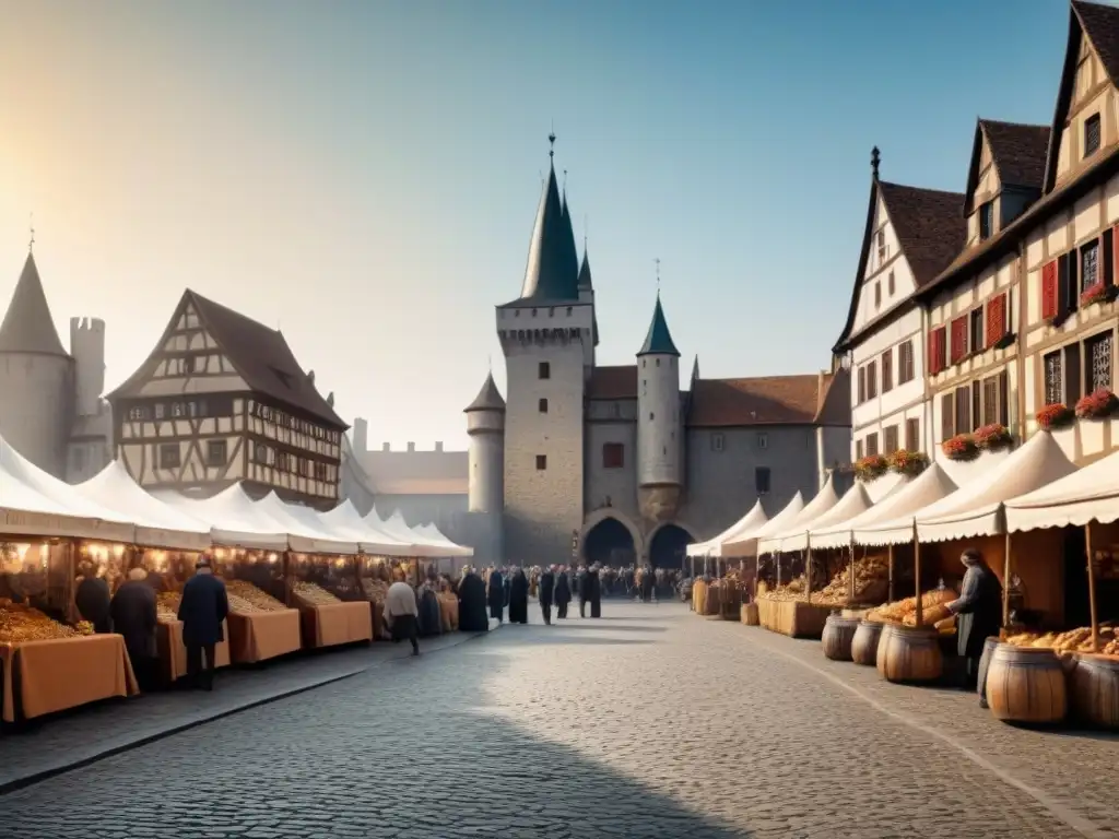 Vibrante ilustración medieval de una plaza concurrida y un imponente castillo al fondo