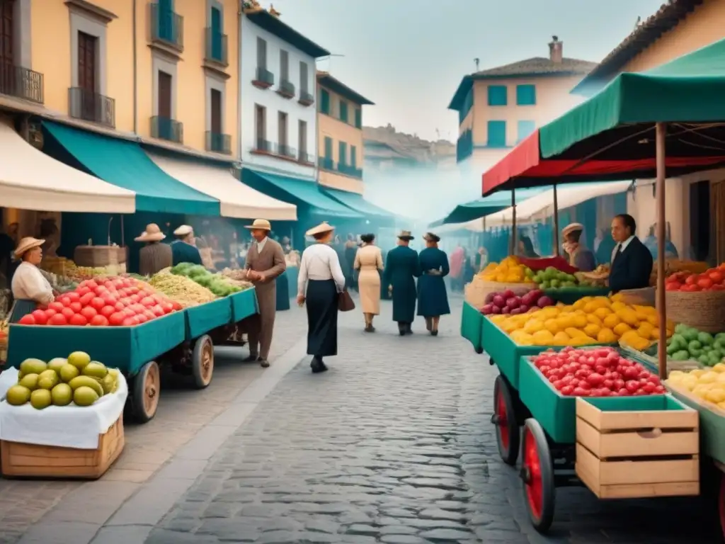 Vibrante mercado de los años 30 en España, con vendedores, frutas, verduras y arquitectura tradicional