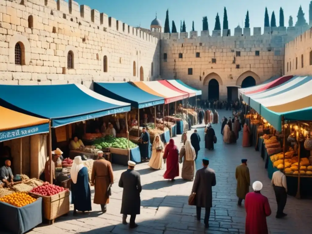 Vibrante mercado antiguo en Jerusalén con mercaderes y gente diversa entre edificios históricos bajo un cielo azul