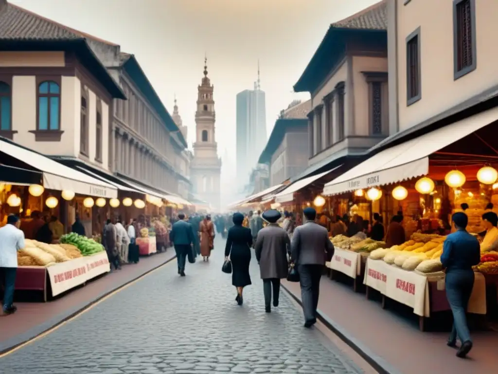 Un vibrante mercado callejero en tonos sepia con gente de diversas culturas, edificios históricos y rascacielos