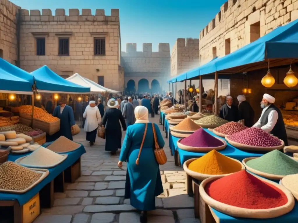 Vibrante mercado en ciudad hebrea antigua, con colores, especias y cerámica, resaltando la historia apellidos hebreos y significado