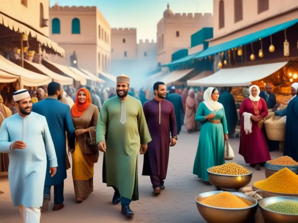 Un vibrante mercado en una ciudad histórica del norte de África, con una multitud diversa intercambiando bienes bajo la cálida luz del atardecer