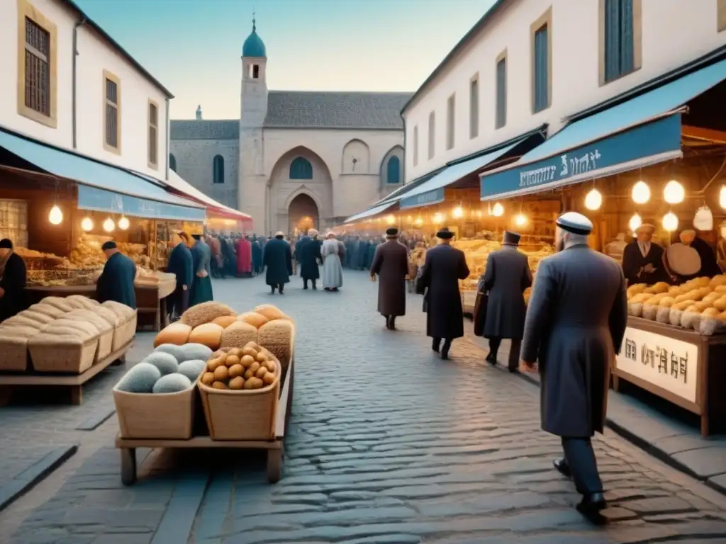 Vibrante mercado judío en una ciudad europea histórica, evocando la evolución de apellidos judíos en la historia y supervivencia comunitaria