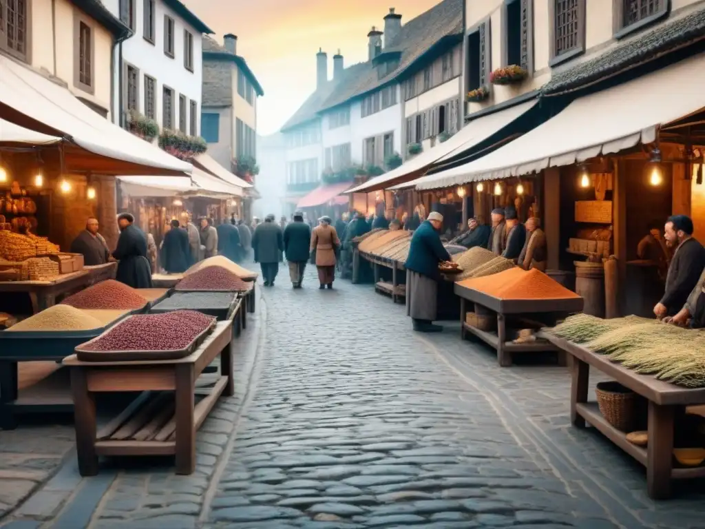 Vibrante mercado medieval con artesanos y mercaderes en un bullicioso pueblo antiguo