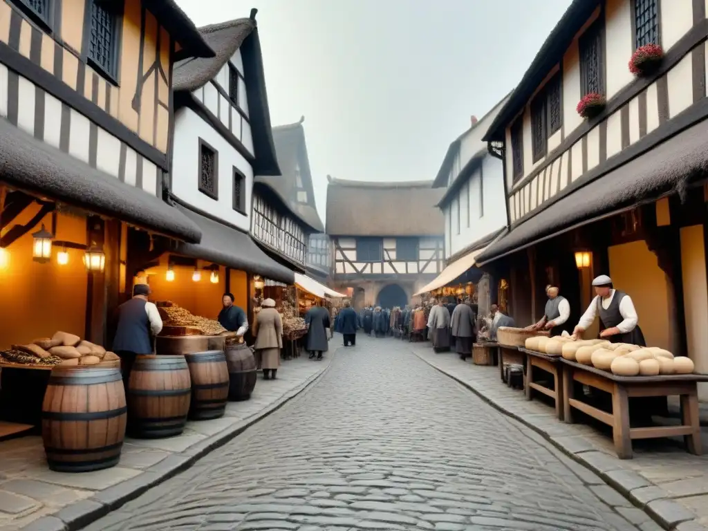 Un vibrante mercado medieval con artesanos y comerciantes cuyos apellidos empiezan con 'T'