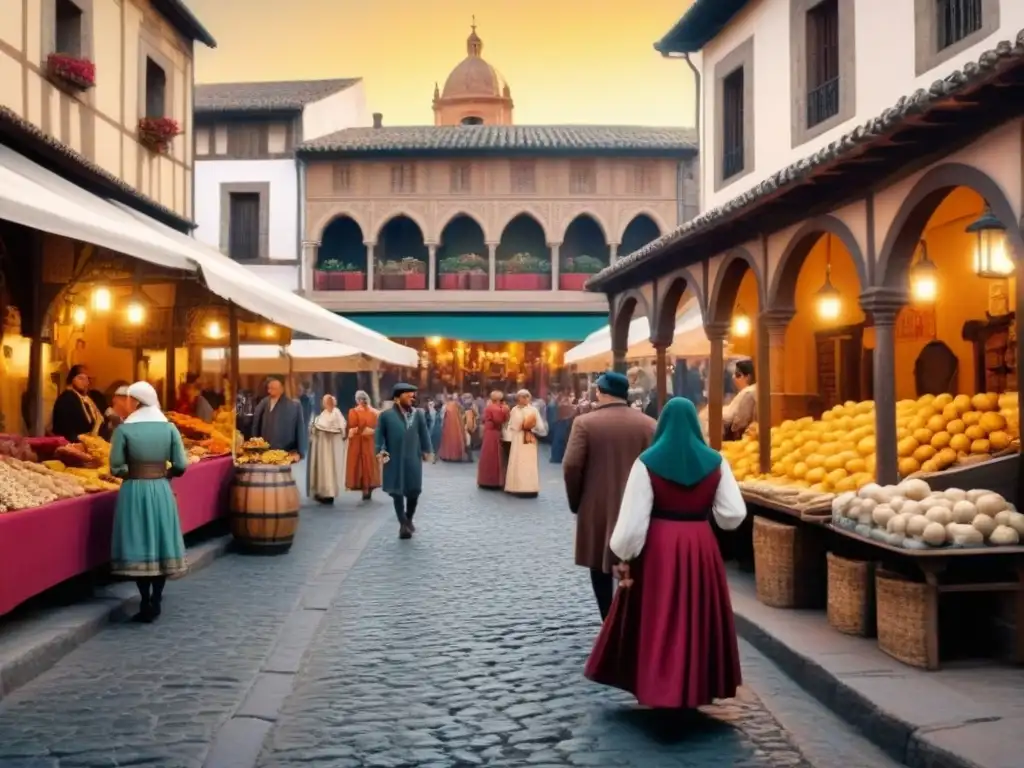 Vibrante mercado medieval español con colores ricos y detalles intrincados, capturando la historia de apellidos españoles evolución