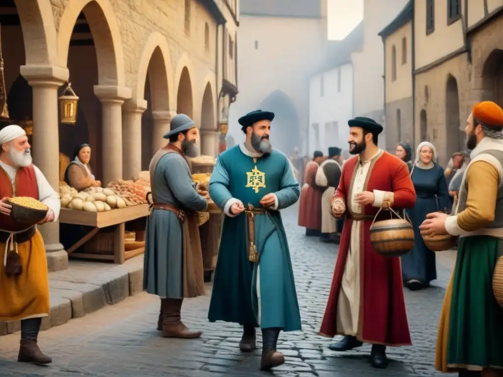 Vibrante mercado medieval con comerciantes de diversas culturas intercambiando bienes, destancando los apellidos judíos en la Edad Media