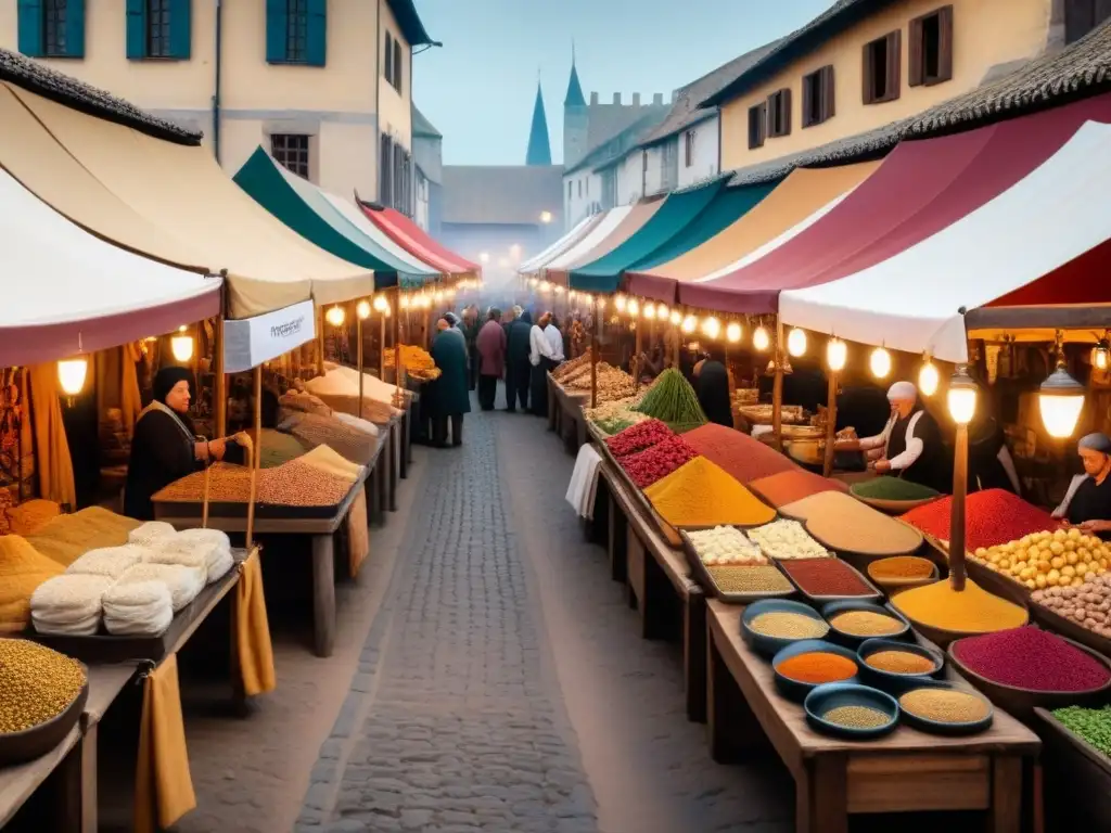 Vibrante mercado medieval con comerciantes de diversas culturas, intercambiando bienes bajo toldos coloridos