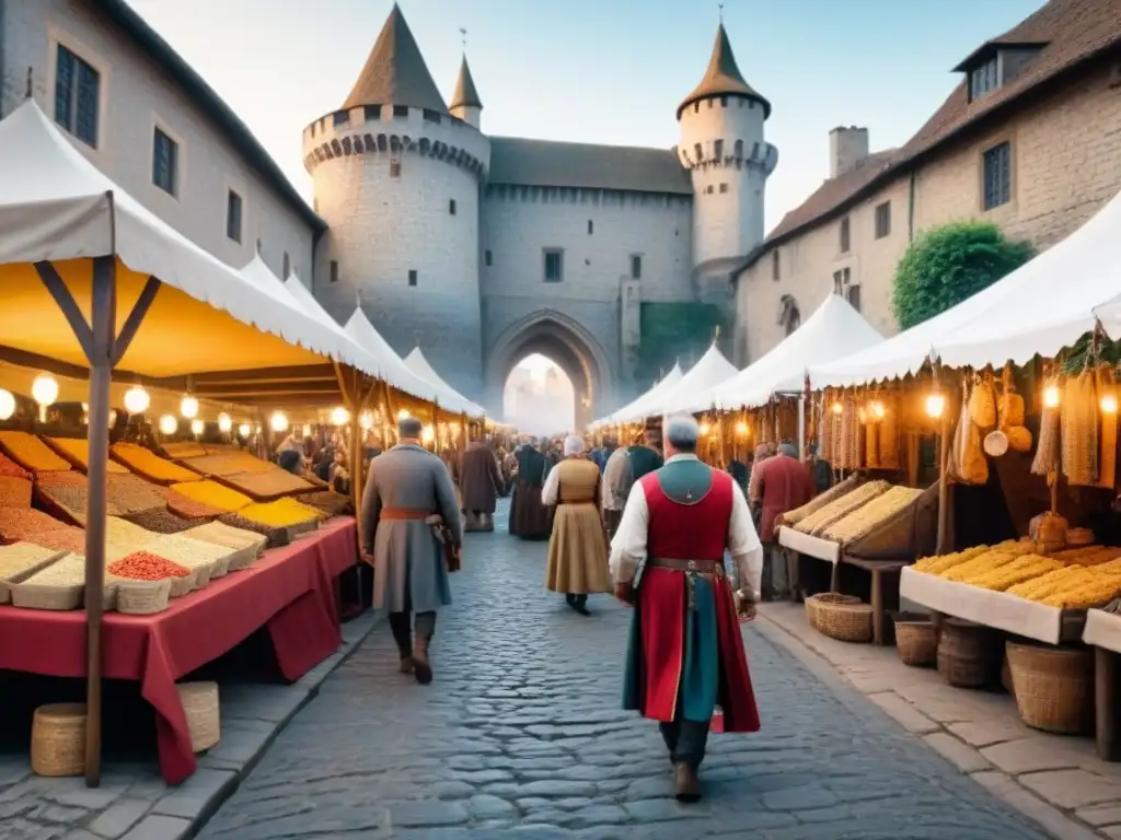 Vibrante mercado medieval con artesanías, comida tradicional y un castillo al fondo