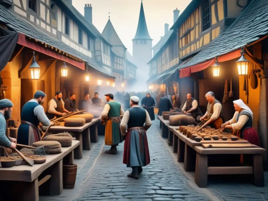 Vibrante mercado medieval con herreros, tejedores y comerciantes