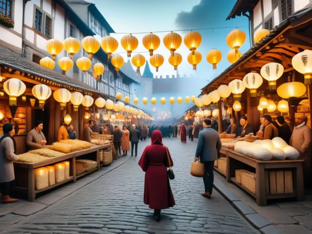 Vibrante mercado medieval en plaza europea histórica, comerciantes vendiendo mercancías bajo la luz de faroles