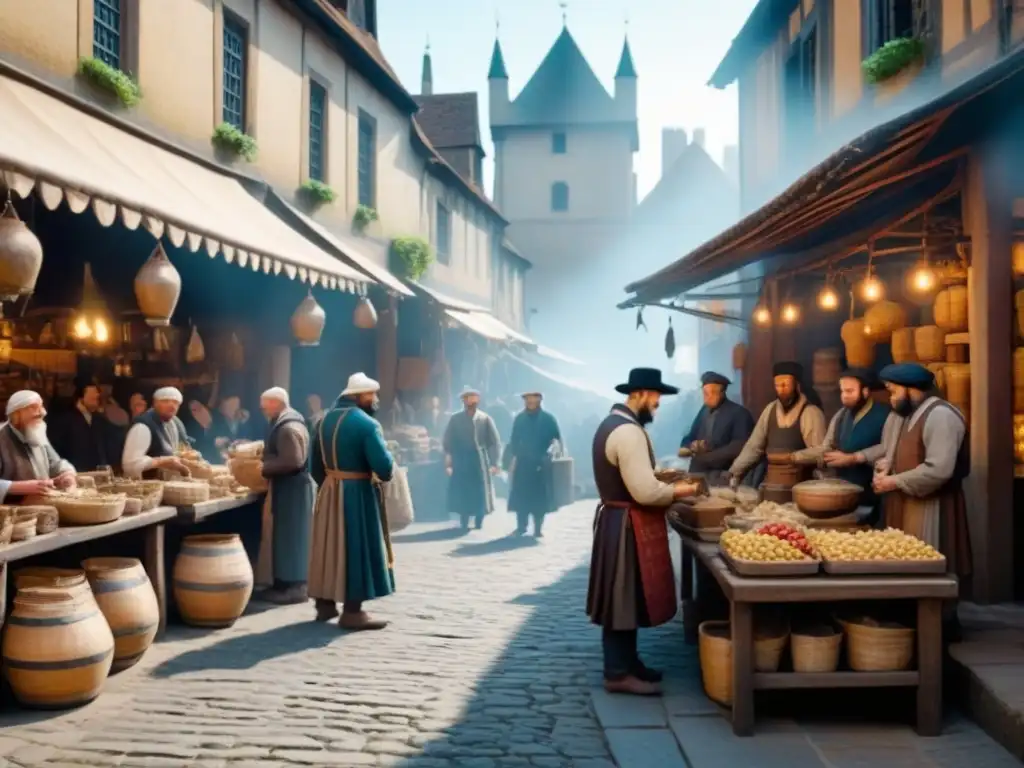 Vibrante mercado medieval ilustrado, con artesanos, comerciantes y clientes