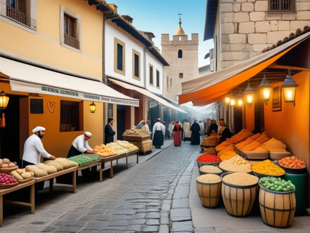 Un vibrante mercado medieval en un pueblo ibérico, reflejando la fusión cultural de judíos sefardíes y apellidos ibéricos