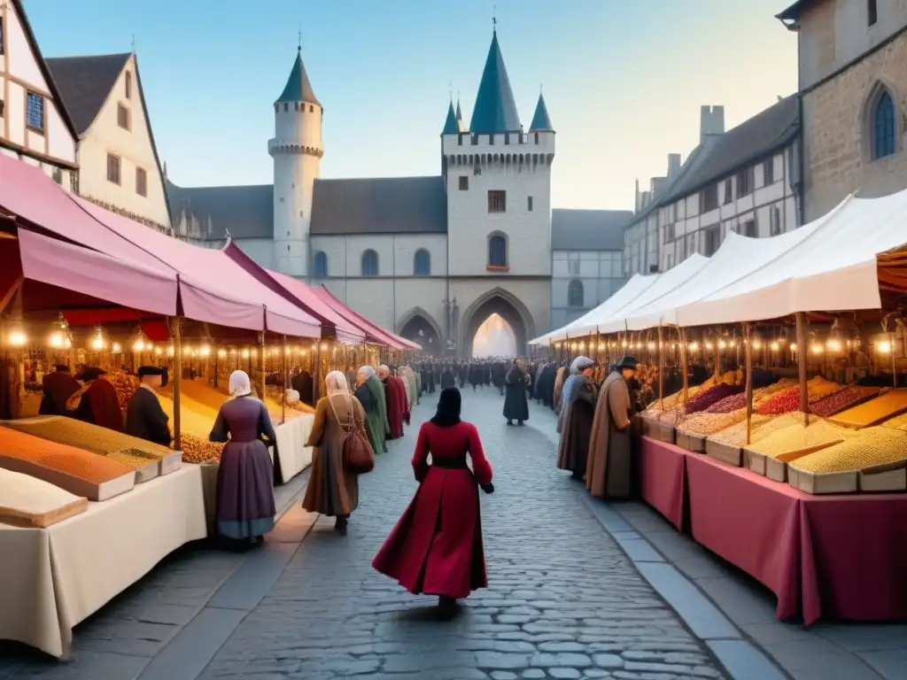 Un vibrante mercado medieval con vendedores de diferentes orígenes comerciando en encantadora plaza