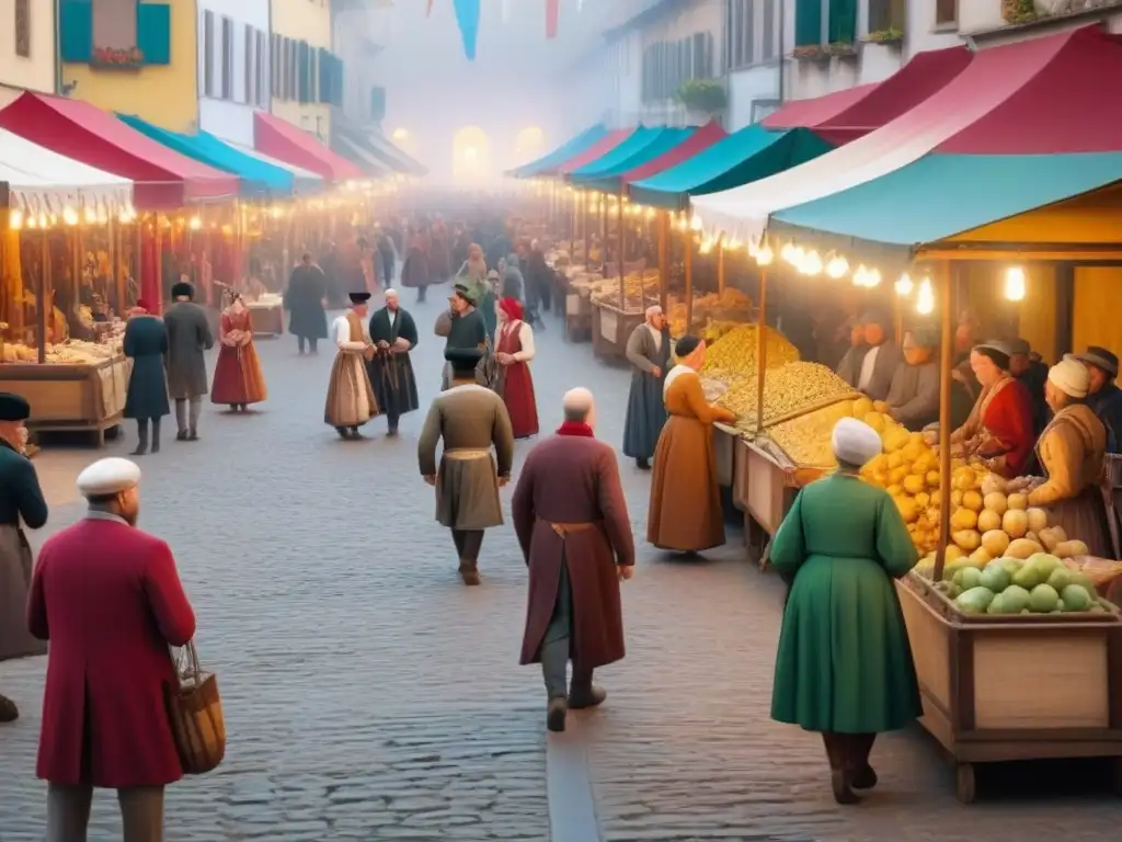 Vibrante mercado renacentista con comerciantes, artesanos y nobles en el sol de la tarde