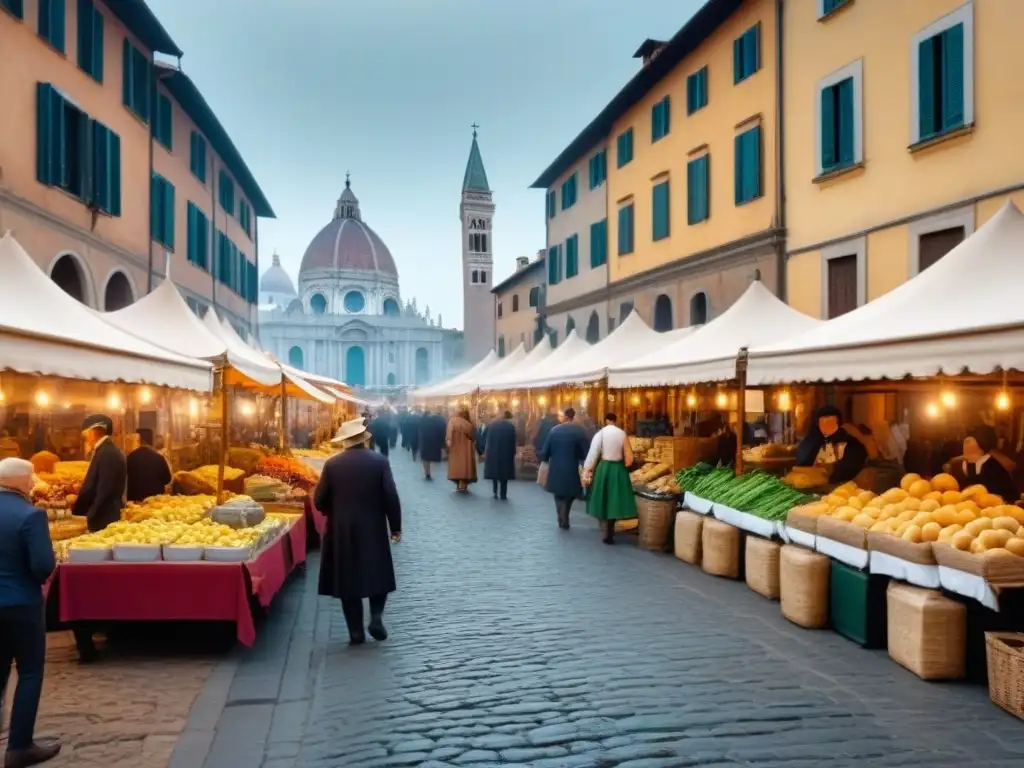 Vibrante mercado renacentista italiano con vendedores, gente en trajes tradicionales y edificios históricos