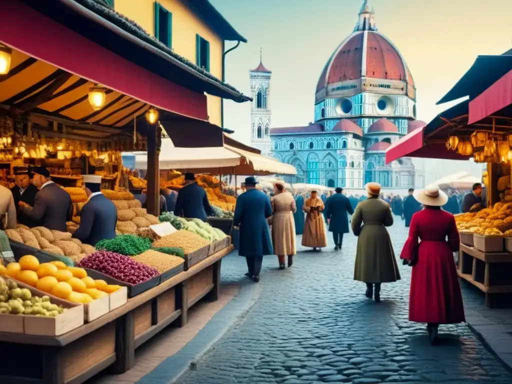 Vibrante mercado renacentista italiano con detalles históricos y la historia del apellido Da Vinci